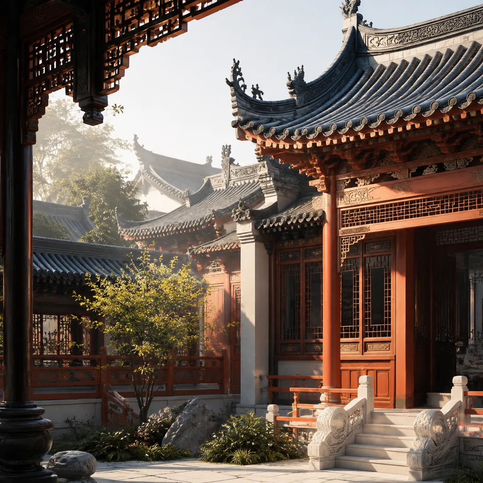 晨光中的中国传统建筑院落